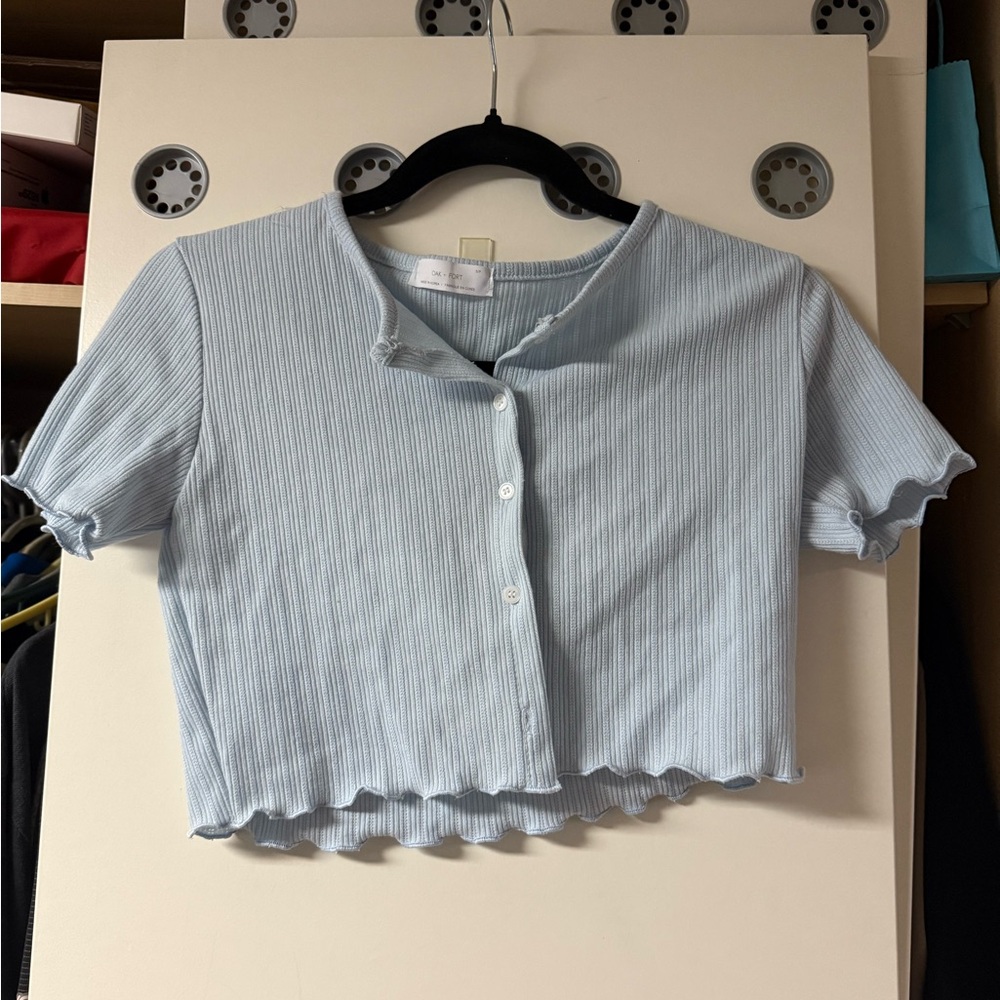 OAK + FORT Blue Ribbed Button-Up Crop Top